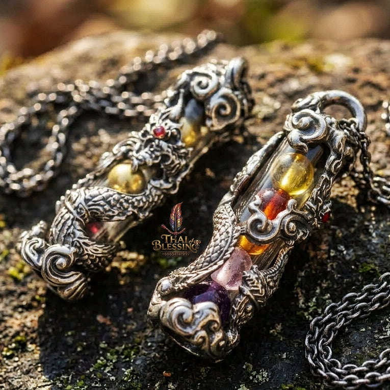 Authentic Sacred Thai Naga Amulet "Takrut Nakee Bandan Sap Wealth Amulet" (Polished White Gold Finish) Thai Blessing Co By RURUECHA