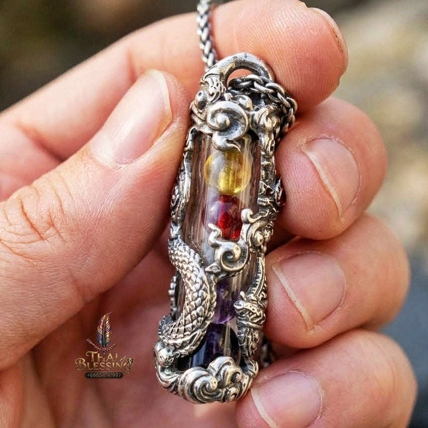 Authentic Sacred Thai Naga Amulet "Takrut Nakee Bandan Sap Wealth Amulet" (Polished White Gold Finish) Thai Blessing Co By RURUECHA