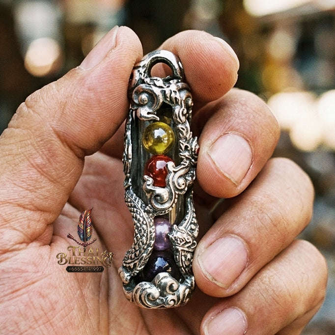 Authentic Sacred Thai Naga Amulet "Takrut Nakee Bandan Sap Wealth Amulet" (Polished White Gold Finish) Thai Blessing Co By RURUECHA