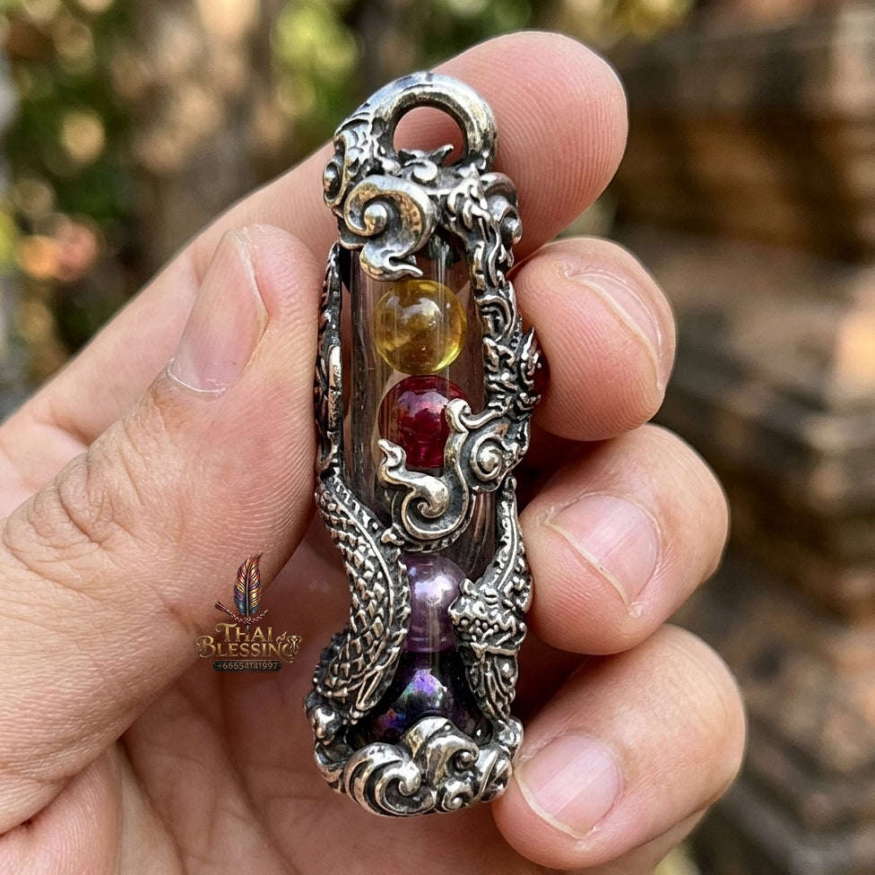 Authentic Sacred Thai Naga Amulet "Takrut Nakee Bandan Sap Wealth Amulet" (Polished White Gold Finish) Thai Blessing Co By RURUECHA
