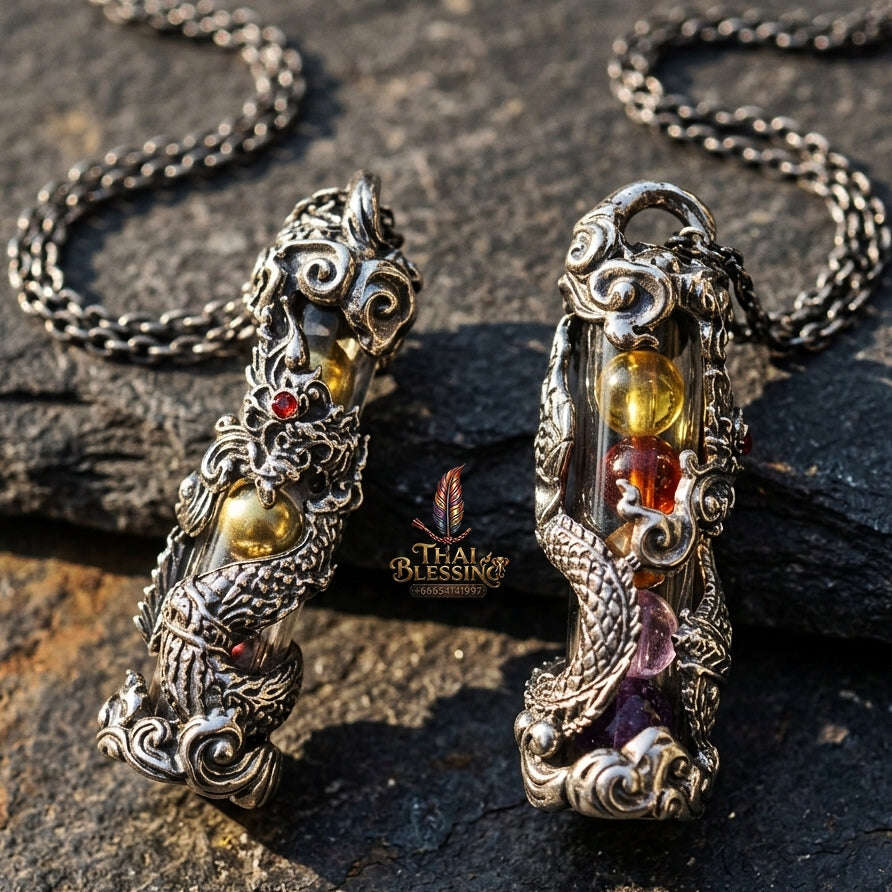 Authentic Sacred Thai Naga Amulet "Takrut Nakee Bandan Sap Wealth Amulet" (Polished White Gold Finish) Thai Blessing Co By RURUECHA