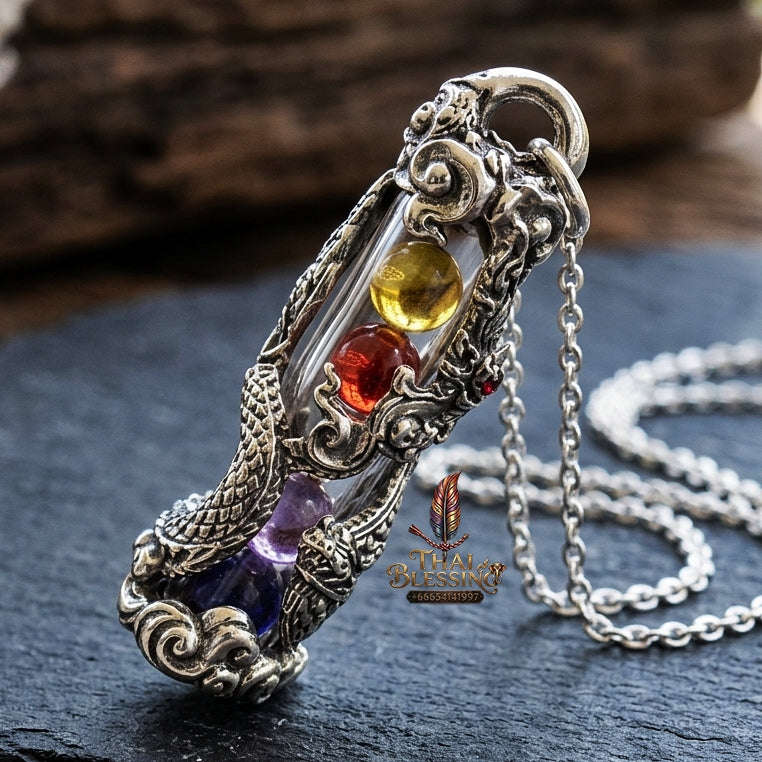 Authentic Sacred Thai Naga Amulet "Takrut Nakee Bandan Sap Wealth Amulet" (Polished White Gold Finish) Thai Blessing Co By RURUECHA