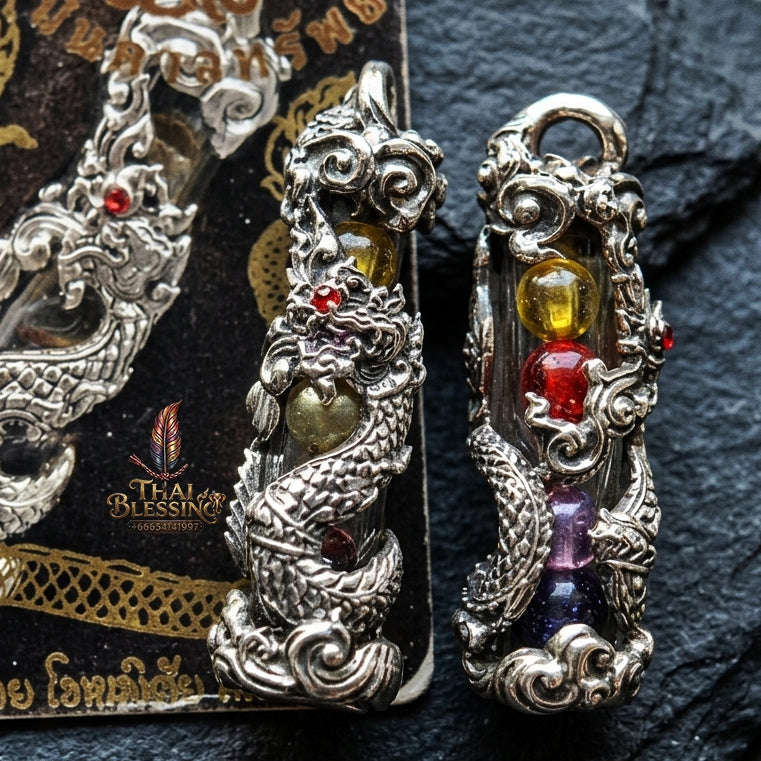 Authentic Sacred Thai Naga Amulet "Takrut Nakee Bandan Sap Wealth Amulet" (Polished White Gold Finish) Thai Blessing Co By RURUECHA