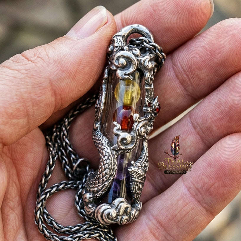 Authentic Sacred Thai Naga Amulet "Takrut Nakee Bandan Sap Wealth Amulet" (Polished White Gold Finish) Thai Blessing Co By RURUECHA