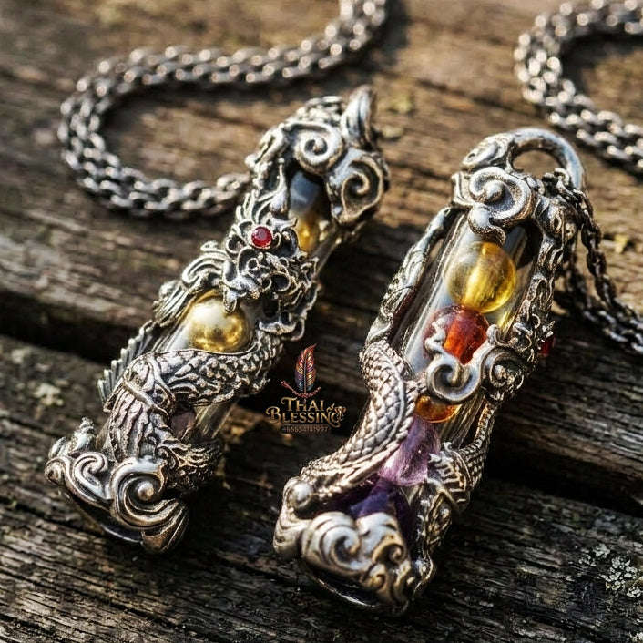 Authentic Sacred Thai Naga Amulet "Takrut Nakee Bandan Sap Wealth Amulet" (Polished White Gold Finish) Thai Blessing Co By RURUECHA