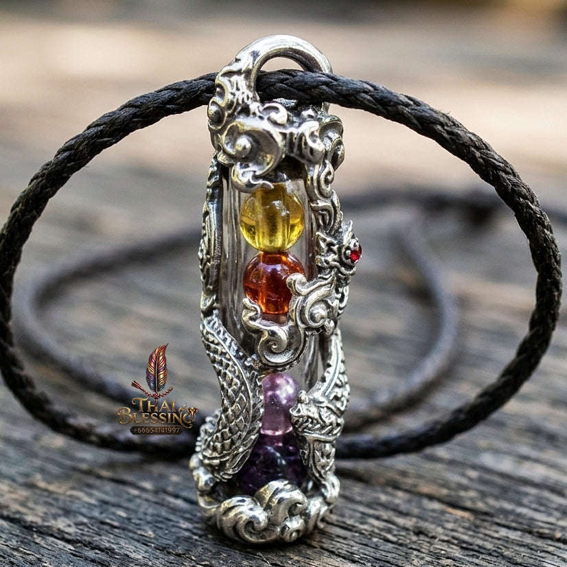 Authentic Sacred Thai Naga Amulet "Takrut Nakee Bandan Sap Wealth Amulet" (Polished White Gold Finish) Thai Blessing Co By RURUECHA