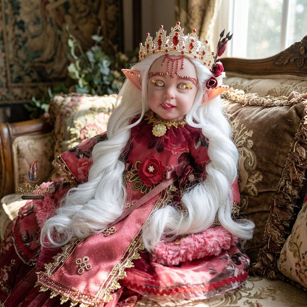 Authentic Thai 22-Inch Handmade Fantasy Elf Kumaree Look Thep Spirit Child Doll - Royal Rose Red Gown Edition for Extreme Metta Charm, Business Wealth & Luck
