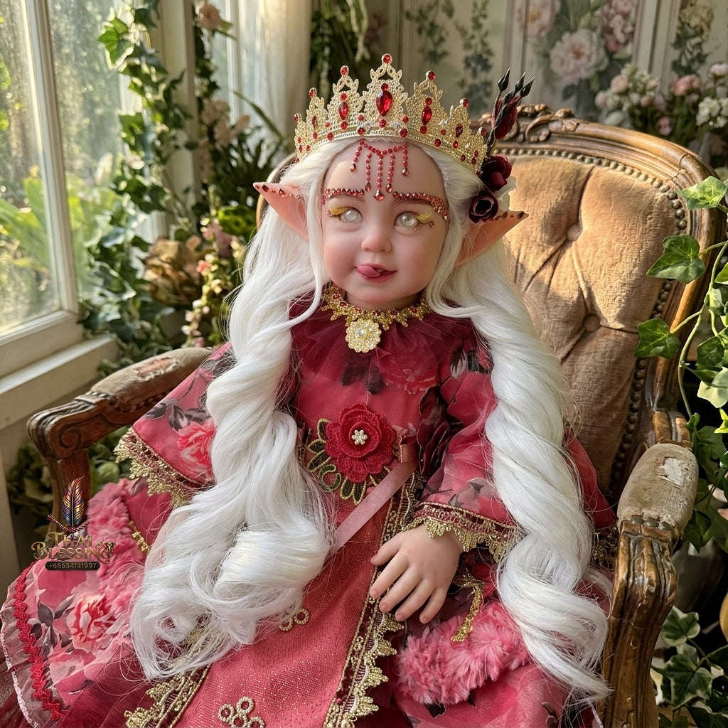 Authentic Thai 22-Inch Handmade Fantasy Elf Kumaree Look Thep Spirit Child Doll - Royal Rose Red Gown Edition for Extreme Metta Charm, Business Wealth & Luck