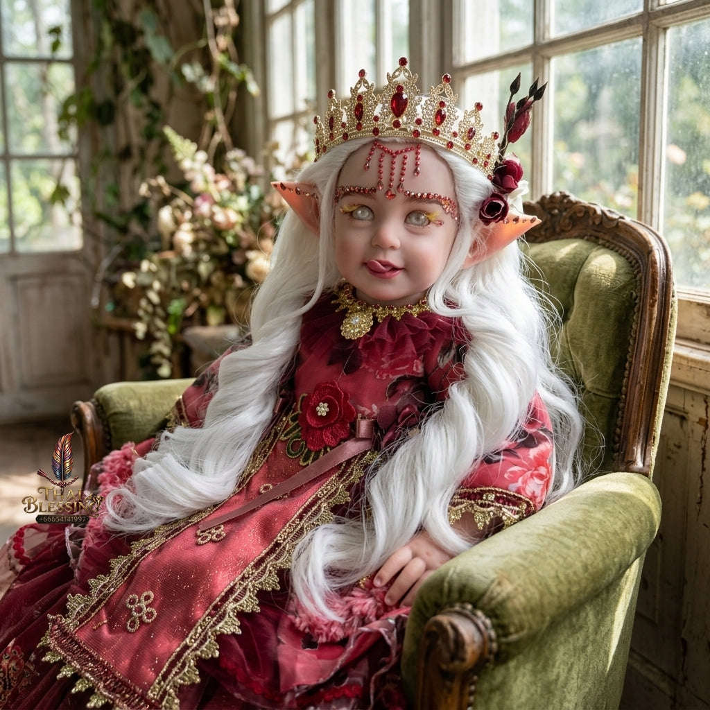 Authentic Thai 22-Inch Handmade Fantasy Elf Kumaree Look Thep Spirit Child Doll - Royal Rose Red Gown Edition for Extreme Metta Charm, Business Wealth & Luck