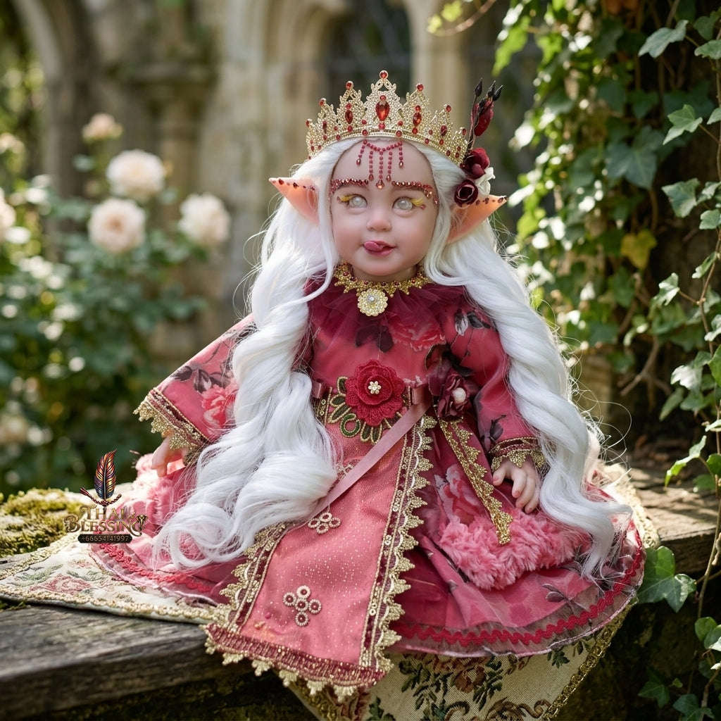 Authentic Thai 22-Inch Handmade Fantasy Elf Kumaree Look Thep Spirit Child Doll - Royal Rose Red Gown Edition for Extreme Metta Charm, Business Wealth & Luck