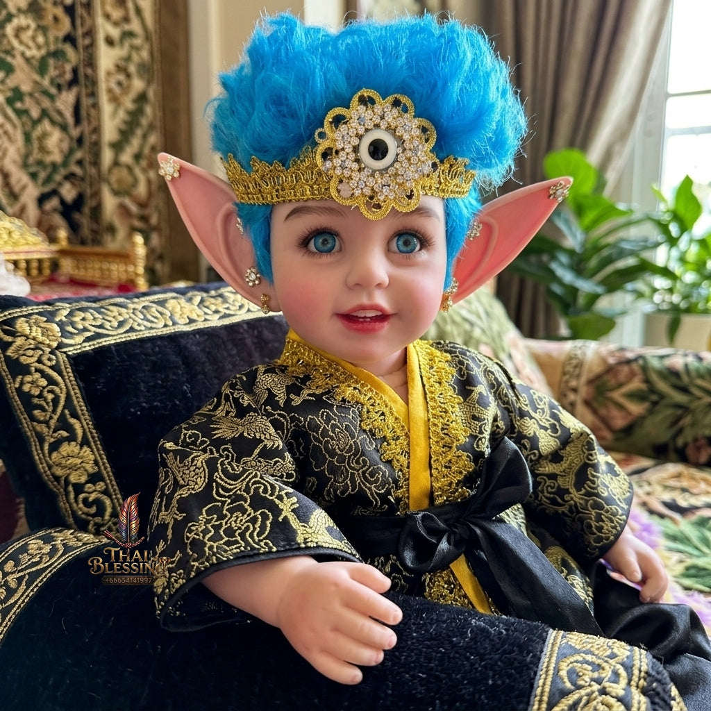 Authentic Thai 22-Inch Handmade Fantasy Three-Eyed Elf Kuman Thong Look Thep Spirit Child Doll - for Extreme Metta Charm, Intuitive Fortune & Business Wealth