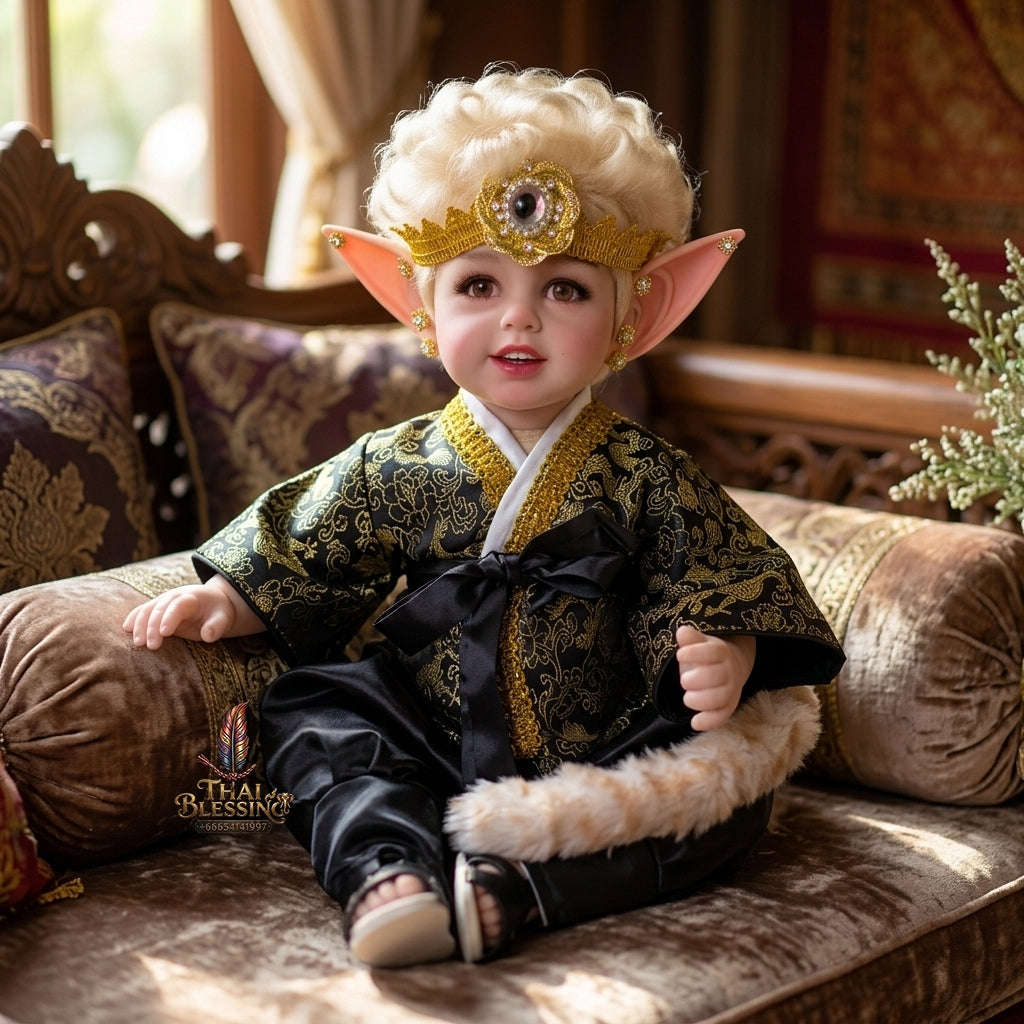 Authentic Thai 22-Inch Handmade Fantasy Three-Eyed Elf Kuman Thong Look Thep Spirit Child Doll - for Extreme Metta Charm, Intuitive Fortune & Business Wealth