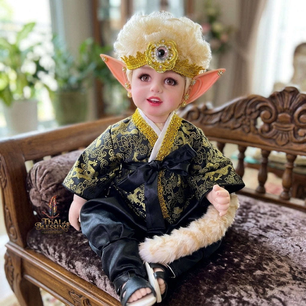 Authentic Thai 22-Inch Handmade Fantasy Three-Eyed Elf Kuman Thong Look Thep Spirit Child Doll - for Extreme Metta Charm, Intuitive Fortune & Business Wealth