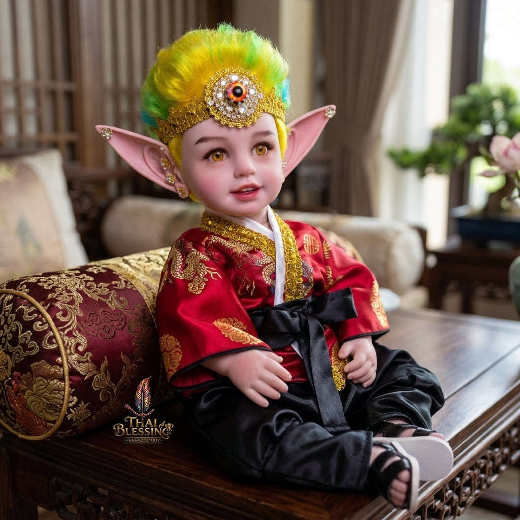 Authentic Thai 22-Inch Handmade Fantasy Three-Eyed Elf Kuman Thong Look Thep Spirit Child Doll - for Extreme Metta Charm, Intuitive Fortune & Business Wealth