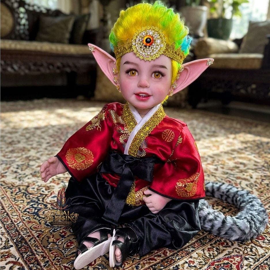 Authentic Thai 22-Inch Handmade Fantasy Three-Eyed Elf Kuman Thong Look Thep Spirit Child Doll - for Extreme Metta Charm, Intuitive Fortune & Business Wealth