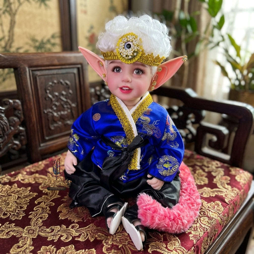 Authentic Thai 22-Inch Handmade Fantasy Three-Eyed Elf Kuman Thong Look Thep Spirit Child Doll - for Extreme Metta Charm, Intuitive Fortune & Business Wealth