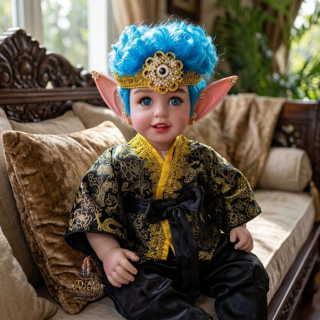 Authentic Thai 22-Inch Handmade Fantasy Three-Eyed Elf Kuman Thong Look Thep Spirit Child Doll - for Extreme Metta Charm, Intuitive Fortune & Business Wealth