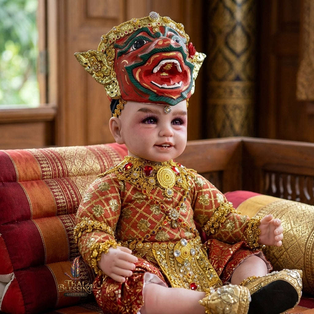 Authentic Thai 22-Inch Premium Khon Crimson Yak Giant Look Thep Kuman Thong Spirit Child Doll - for Extreme Metta Charm, Business Wealth & Protection Thai Blessing Co By RURUECHA