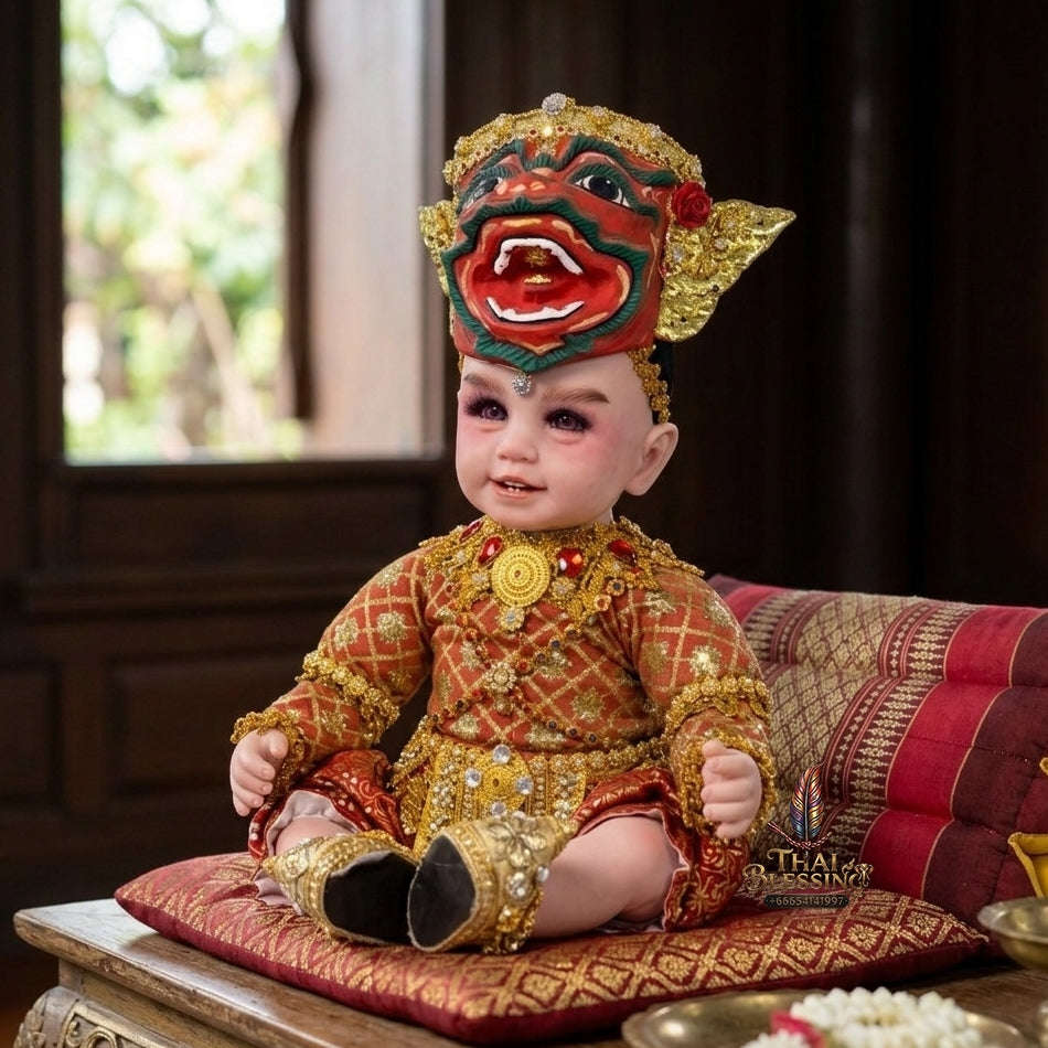 Authentic Thai 22-Inch Premium Khon Crimson Yak Giant Look Thep Kuman Thong Spirit Child Doll - for Extreme Metta Charm, Business Wealth & Protection Thai Blessing Co By RURUECHA