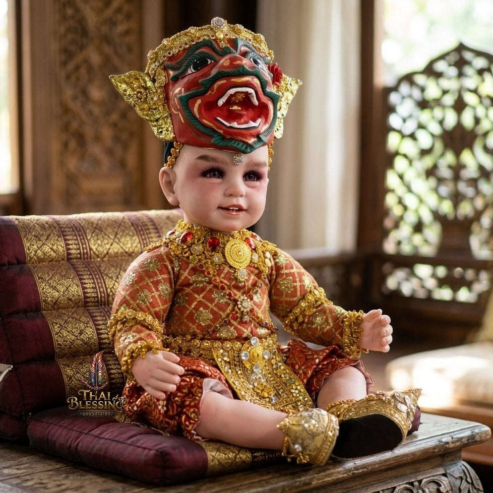 Authentic Thai 22-Inch Premium Khon Crimson Yak Giant Look Thep Kuman Thong Spirit Child Doll - for Extreme Metta Charm, Business Wealth & Protection Thai Blessing Co By RURUECHA