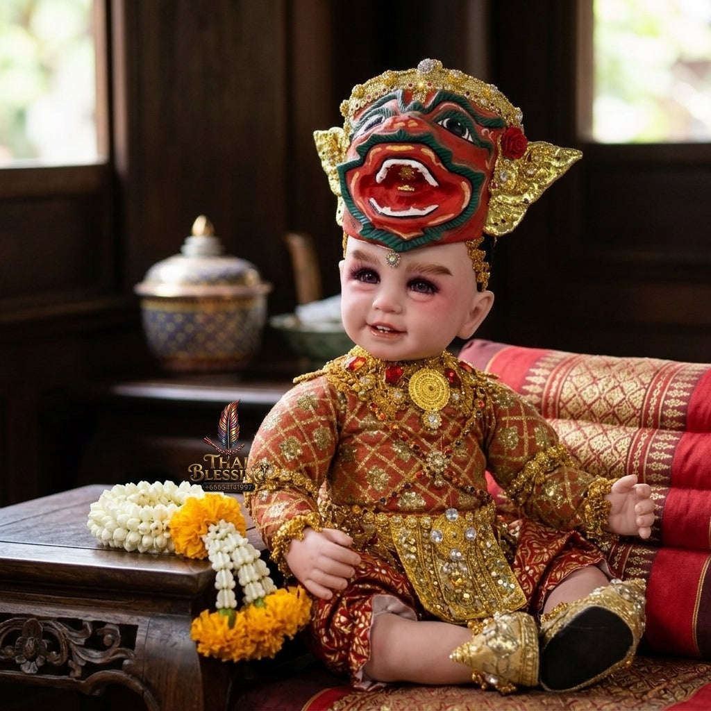 Authentic Thai 22-Inch Premium Khon Crimson Yak Giant Look Thep Kuman Thong Spirit Child Doll - for Extreme Metta Charm, Business Wealth & Protection Thai Blessing Co By RURUECHA