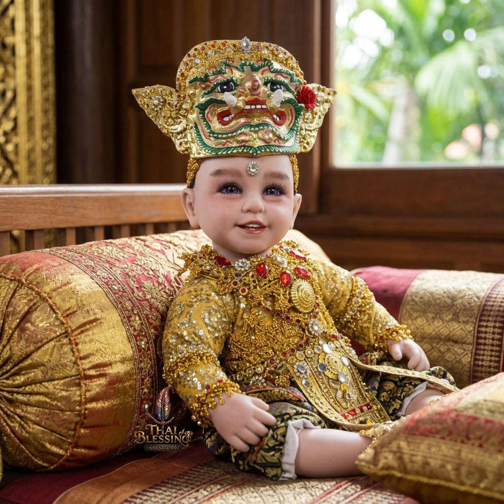 Authentic Thai 22-Inch Premium Khon Golden Yak Giant Look Thep Kuman Thong Spirit Child Doll - for Extreme Metta Charm, Business Wealth & Protection Thai Blessing Co By RURUECHA