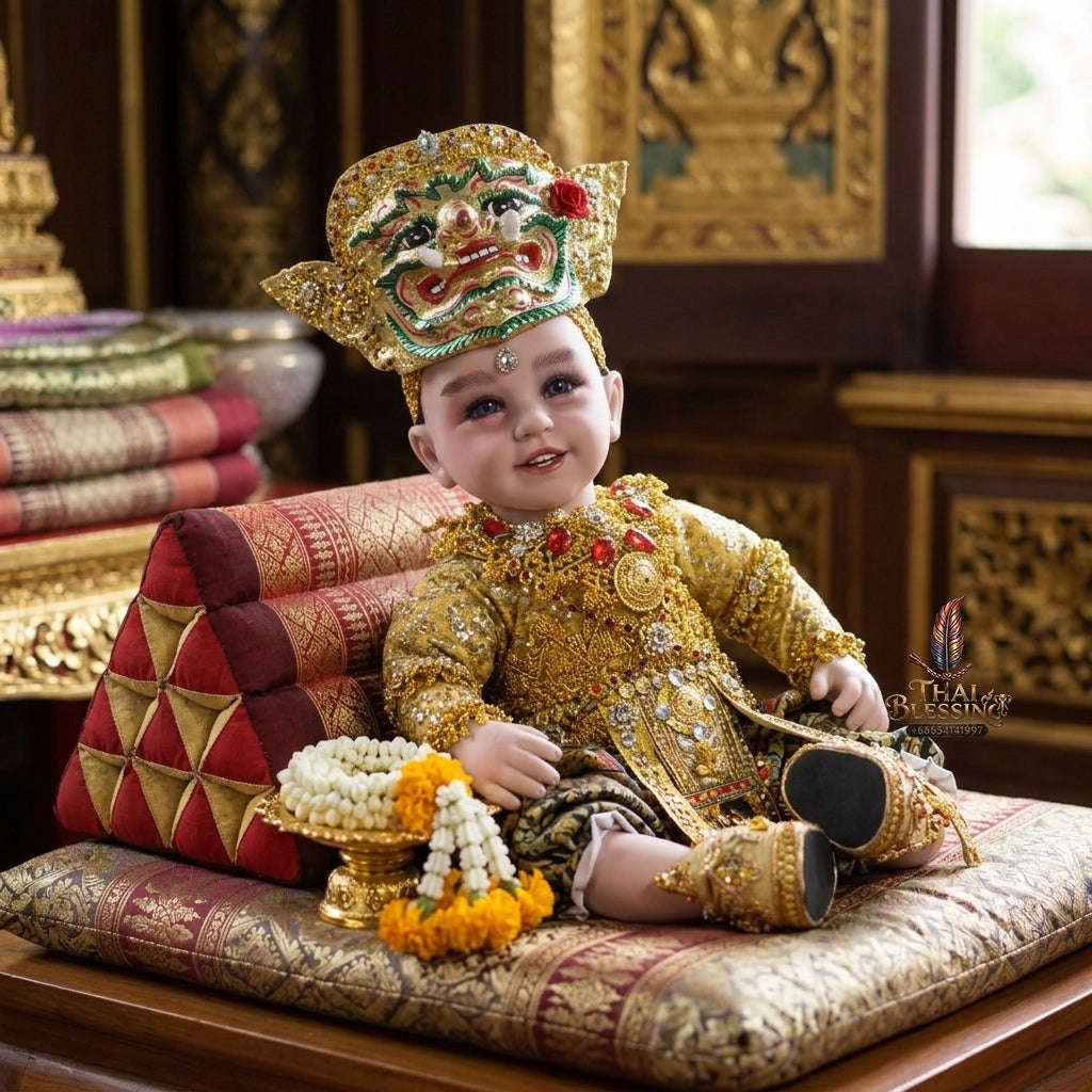 Authentic Thai 22-Inch Premium Khon Golden Yak Giant Look Thep Kuman Thong Spirit Child Doll - for Extreme Metta Charm, Business Wealth & Protection Thai Blessing Co By RURUECHA