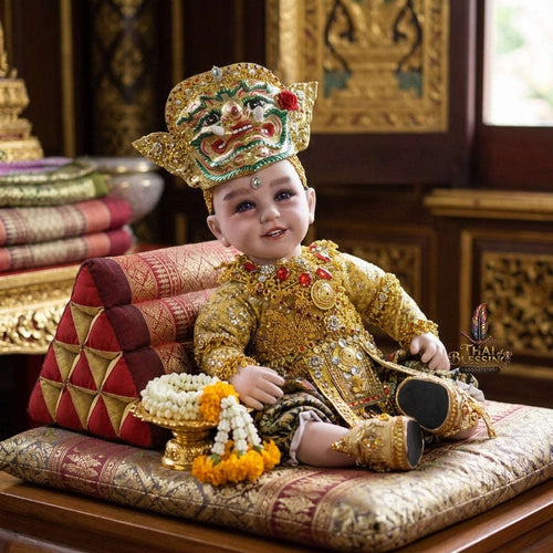 Authentic Thai 22-Inch Premium Khon Golden Yak Giant Look Thep Kuman Thong Spirit Child Doll - for Extreme Metta Charm, Business Wealth & Protection Thai Blessing Co By RURUECHA