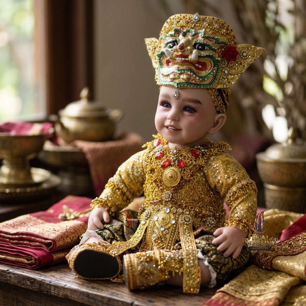 Authentic Thai 22-Inch Premium Khon Golden Yak Giant Look Thep Kuman Thong Spirit Child Doll - for Extreme Metta Charm, Business Wealth & Protection Thai Blessing Co By RURUECHA