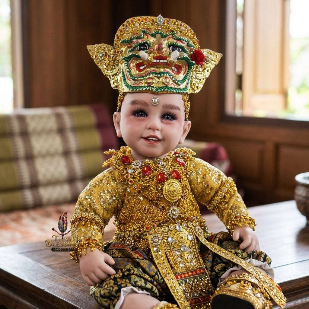 Authentic Thai 22-Inch Premium Khon Golden Yak Giant Look Thep Kuman Thong Spirit Child Doll - for Extreme Metta Charm, Business Wealth & Protection Thai Blessing Co By RURUECHA