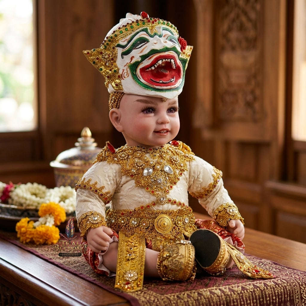 Authentic Thai 22-Inch Premium Khon Hanuman Monkey Warrior Look Thep Kuman Thong Spirit Child Doll - for Extreme Metta Charm, Business Wealth & Protection