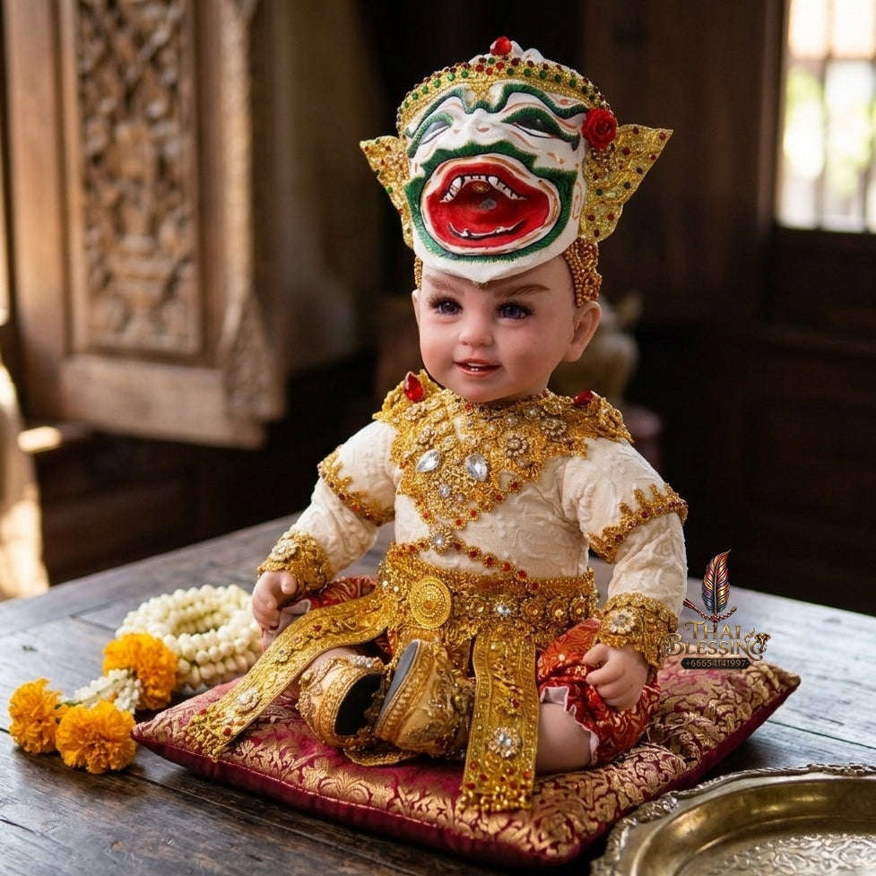 Authentic Thai 22-Inch Premium Khon Hanuman Monkey Warrior Look Thep Kuman Thong Spirit Child Doll - for Extreme Metta Charm, Business Wealth & Protection