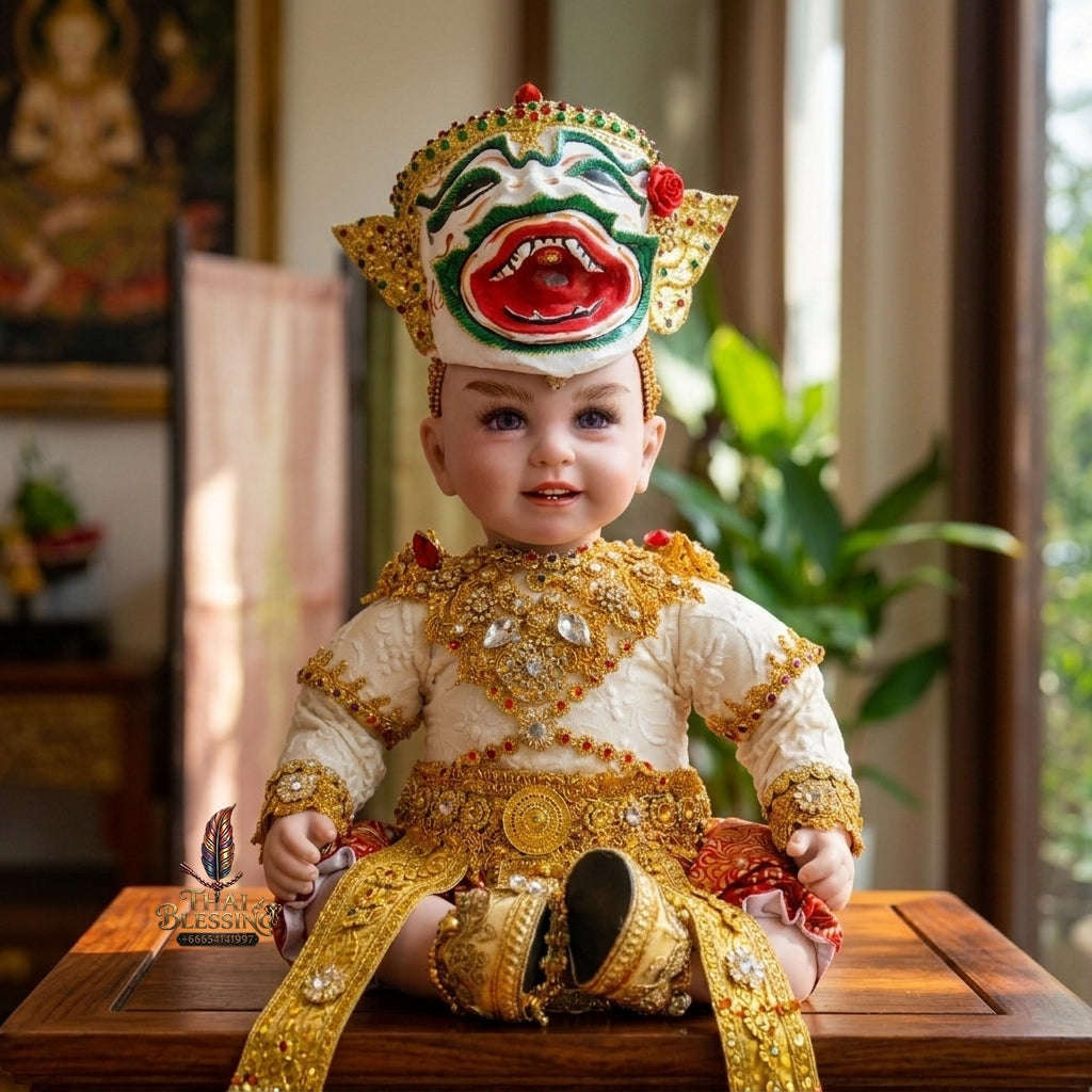 Authentic Thai 22-Inch Premium Khon Hanuman Monkey Warrior Look Thep Kuman Thong Spirit Child Doll - for Extreme Metta Charm, Business Wealth & Protection