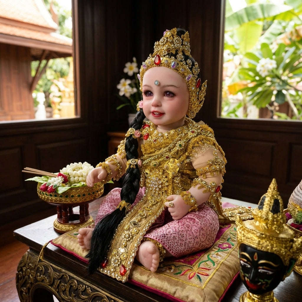 Authentic Thai 22-Inch Premium Phra Mae Thorani Look Thep Spirit Child Doll - Royal Gold Thai Traditional Costume Edition for Extreme Metta Charm, Business Wealth & Protection Thai Blessing Co By RURUECHA