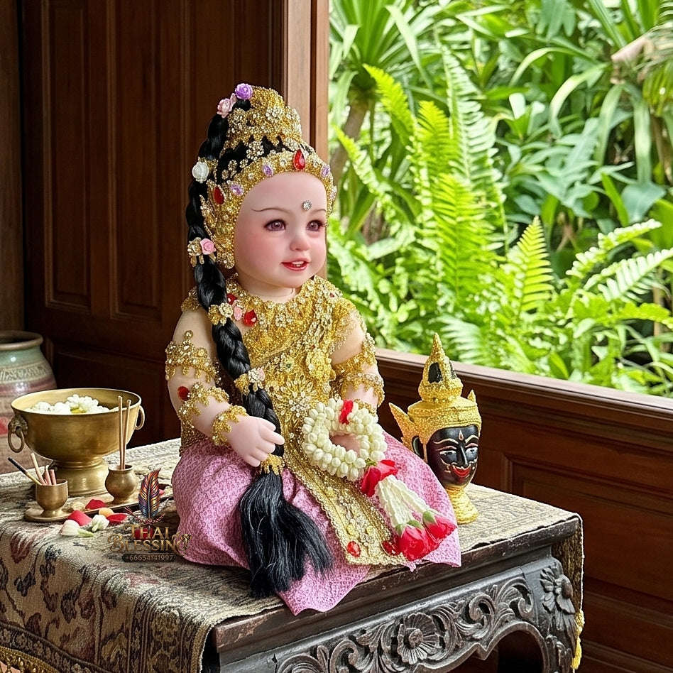 Authentic Thai 22-Inch Premium Phra Mae Thorani Look Thep Spirit Child Doll - Royal Gold Thai Traditional Costume Edition for Extreme Metta Charm, Business Wealth & Protection Thai Blessing Co By RURUECHA