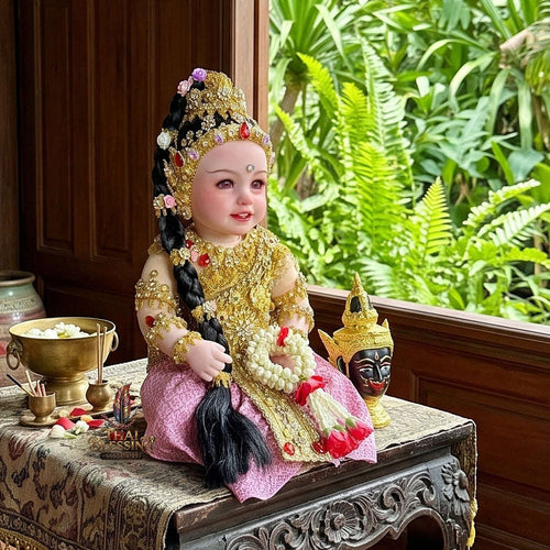 Authentic Thai 22-Inch Premium Phra Mae Thorani Look Thep Spirit Child Doll - Royal Gold Thai Traditional Costume Edition for Extreme Metta Charm, Business Wealth & Protection Thai Blessing Co By RURUECHA