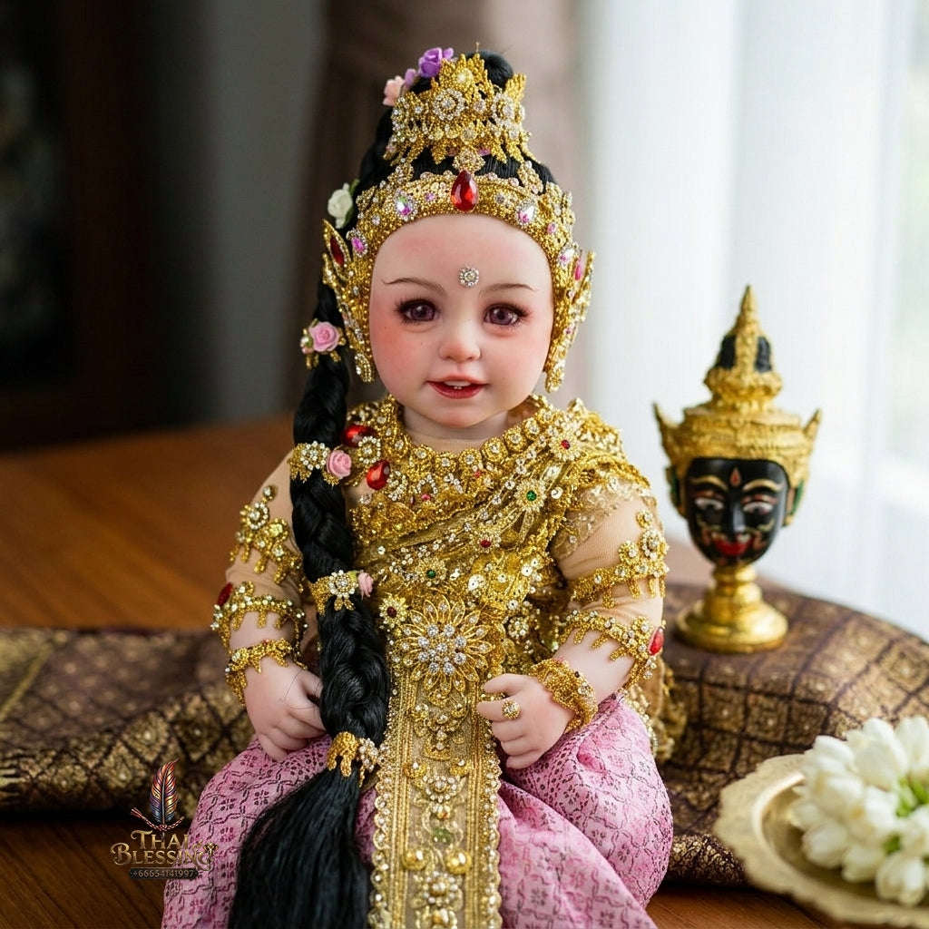 Authentic Thai 22-Inch Premium Phra Mae Thorani Look Thep Spirit Child Doll - Royal Gold Thai Traditional Costume Edition for Extreme Metta Charm, Business Wealth & Protection Thai Blessing Co By RURUECHA