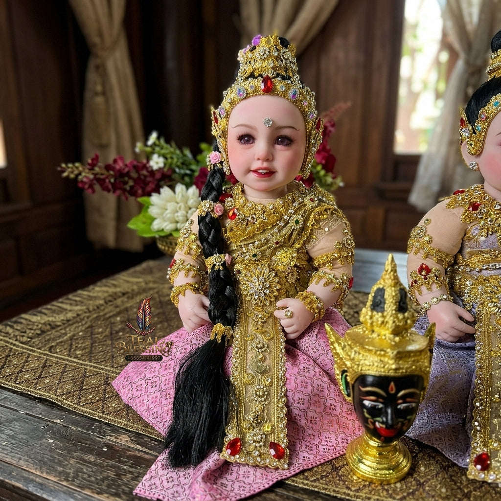 Authentic Thai 22-Inch Premium Phra Mae Thorani Look Thep Spirit Child Doll - Royal Gold Thai Traditional Costume Edition for Extreme Metta Charm, Business Wealth & Protection Thai Blessing Co By RURUECHA