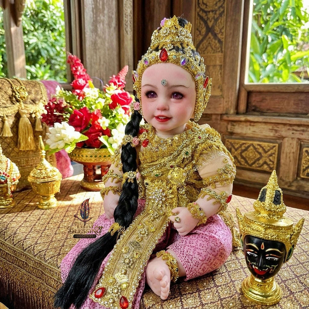 Authentic Thai 22-Inch Premium Phra Mae Thorani Look Thep Spirit Child Doll - Royal Gold Thai Traditional Costume Edition for Extreme Metta Charm, Business Wealth & Protection Thai Blessing Co By RURUECHA