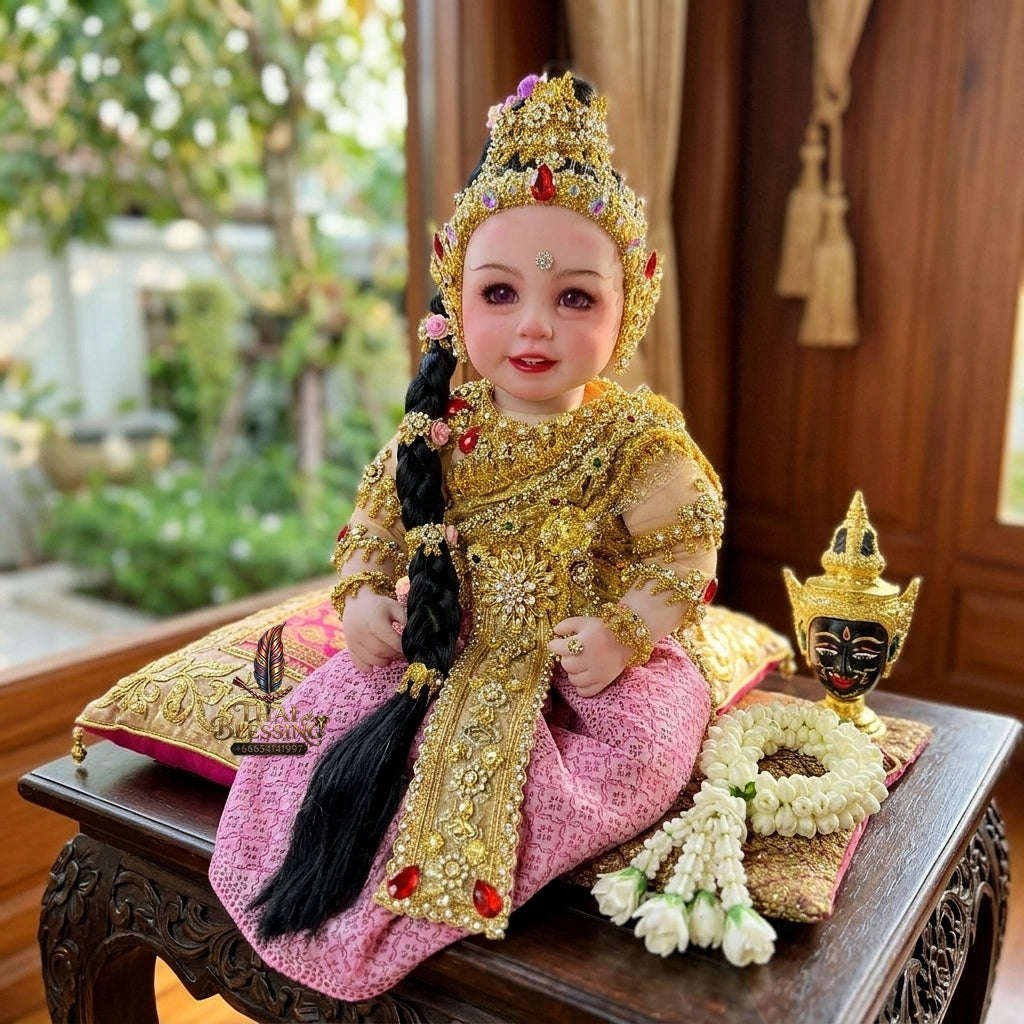 Authentic Thai 22-Inch Premium Phra Mae Thorani Look Thep Spirit Child Doll - Royal Gold Thai Traditional Costume Edition for Extreme Metta Charm, Business Wealth & Protection Thai Blessing Co By RURUECHA