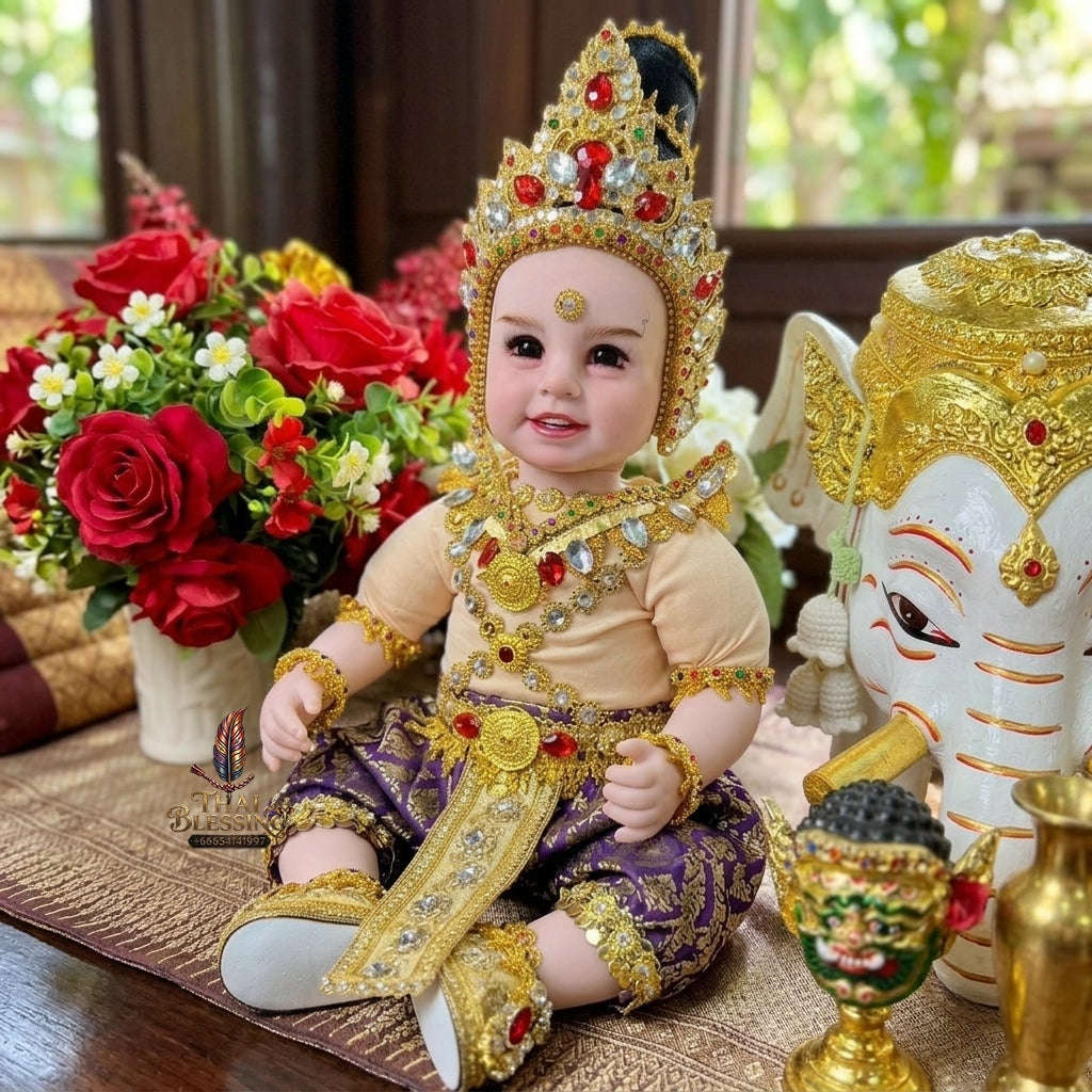 Authentic Thai 22-Inch Premium Royal Thai King Regalia Look Thep Kuman Thong Spirit Child Doll - Purple & Gold Thai Traditional Costume Edition with Majestic Crown & Rubies for Extreme Metta Charm, Business Wealth & Supreme Authority Thai
