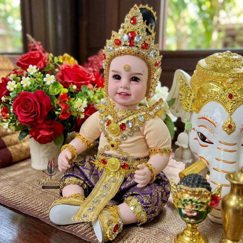 Authentic Thai 22-Inch Premium Royal Thai King Regalia Look Thep Kuman Thong Spirit Child Doll - Purple & Gold Thai Traditional Costume Edition with Majestic Crown & Rubies for Extreme Metta Charm, Business Wealth & Supreme Authority Thai