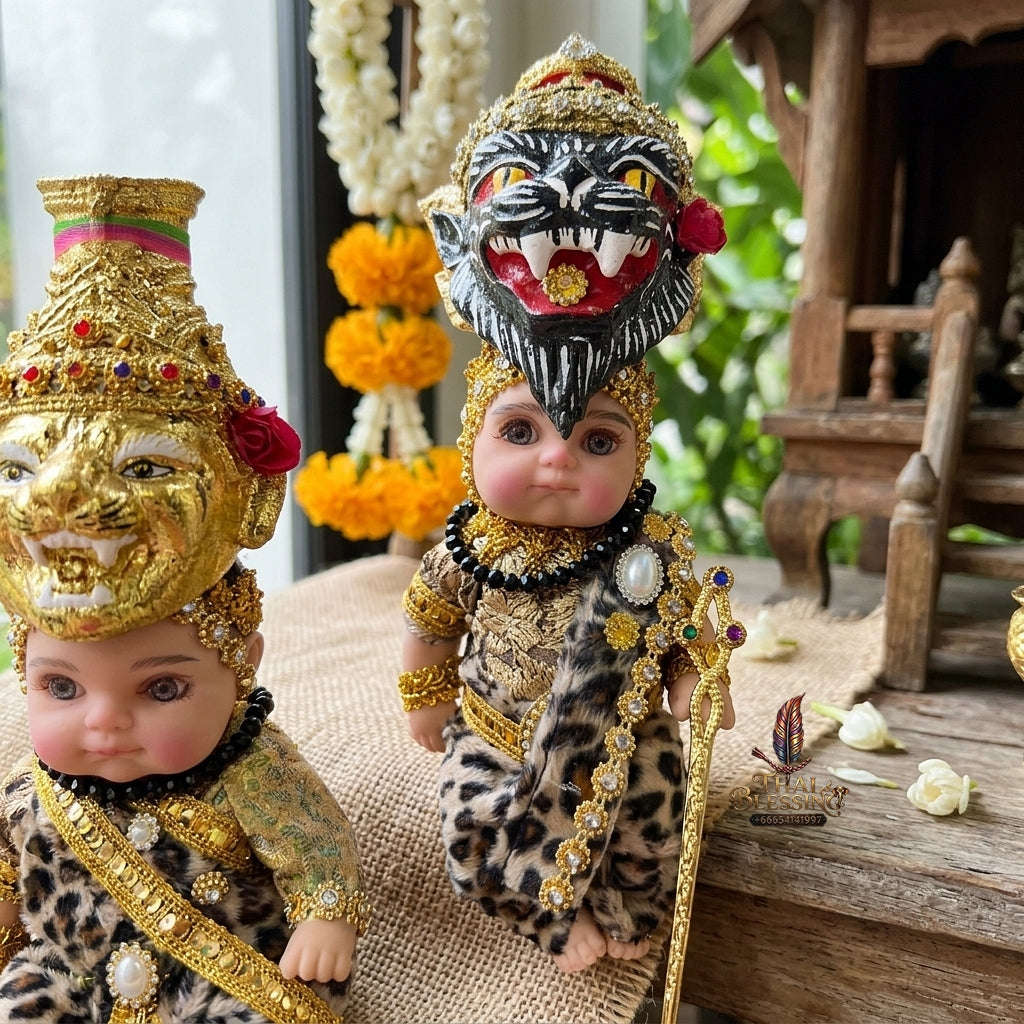 Authentic Thai 8-Inch Baby Kuman Thong Look Thep Spirit Child Doll - Traditional Thai Khon Costume Edition for Extreme Metta Charm, Business Wealth & Protection Thai Blessing Co By RURUECHA