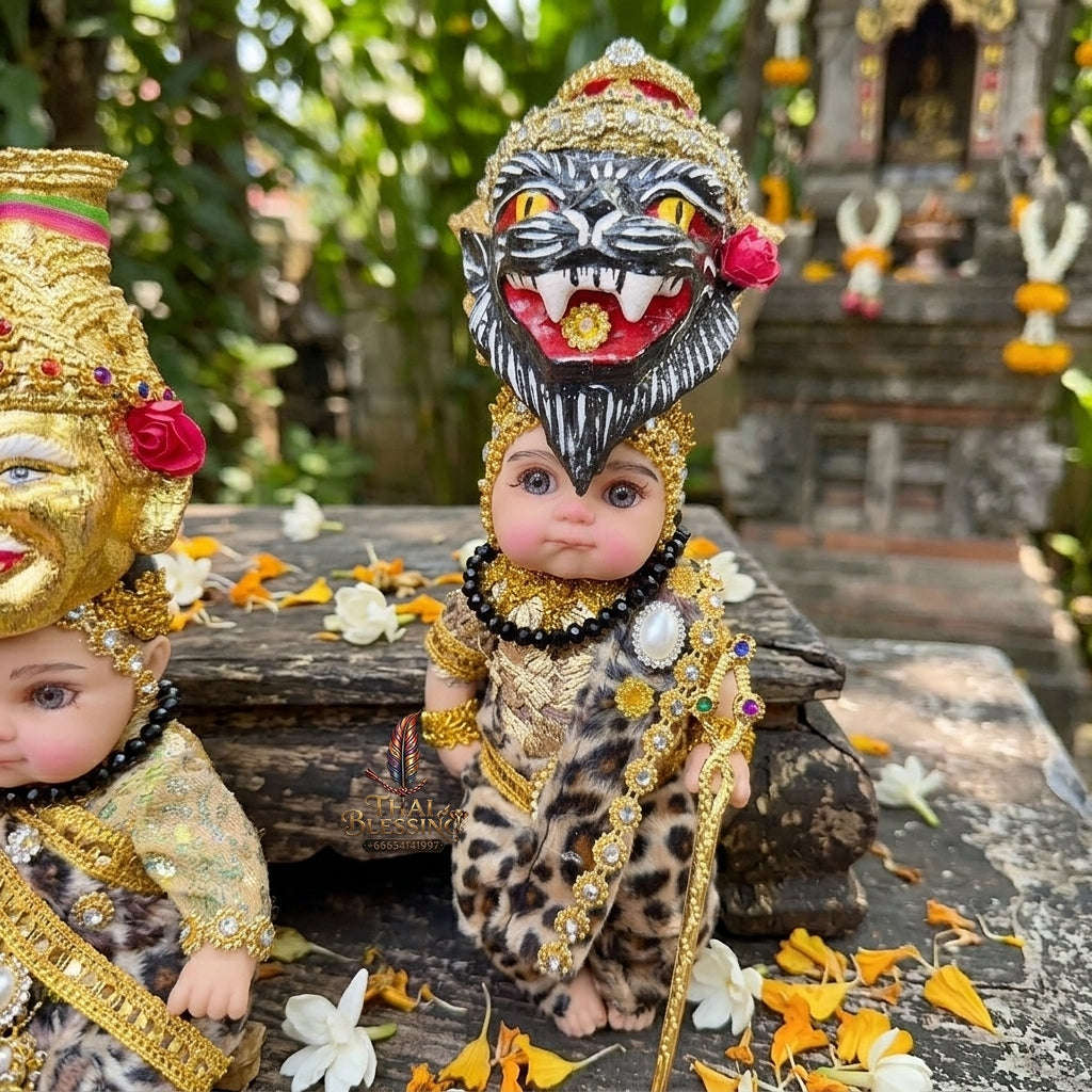 Authentic Thai 8-Inch Baby Kuman Thong Look Thep Spirit Child Doll - Traditional Thai Khon Costume Edition for Extreme Metta Charm, Business Wealth & Protection Thai Blessing Co By RURUECHA