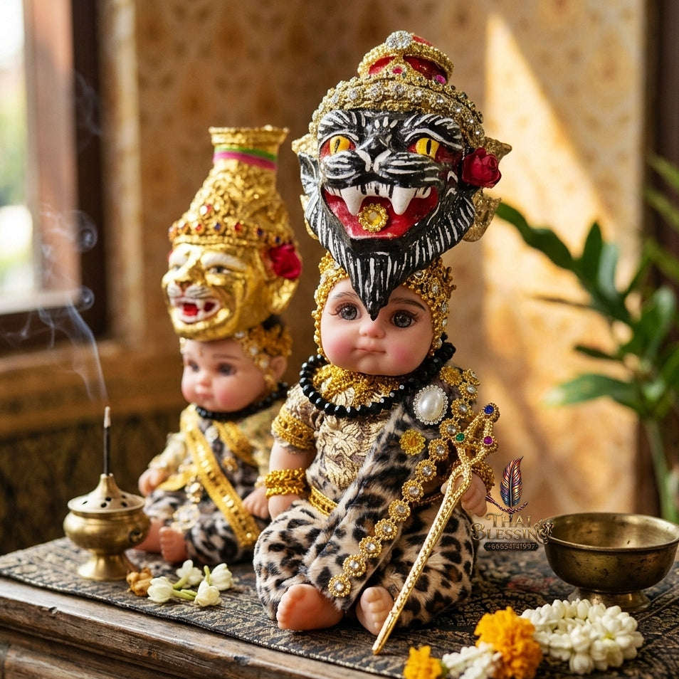 Authentic Thai 8-Inch Baby Kuman Thong Look Thep Spirit Child Doll - Traditional Thai Khon Costume Edition for Extreme Metta Charm, Business Wealth & Protection Thai Blessing Co By RURUECHA
