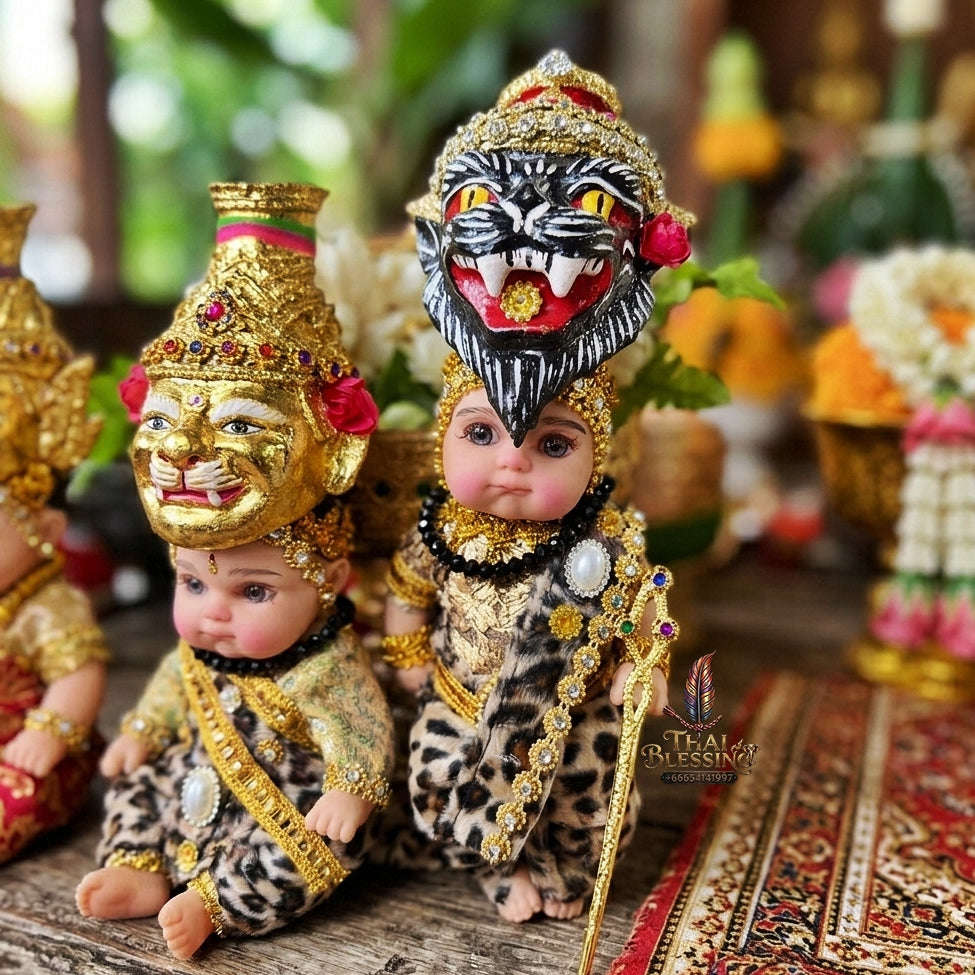 Authentic Thai 8-Inch Baby Kuman Thong Look Thep Spirit Child Doll - Traditional Thai Khon Costume Edition for Extreme Metta Charm, Business Wealth & Protection Thai Blessing Co By RURUECHA