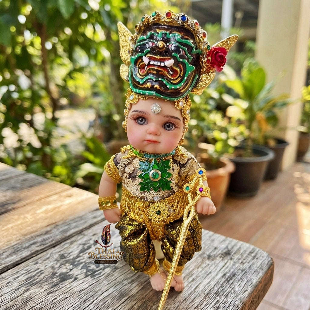 Authentic Thai 8-Inch Baby Kuman Thong Look Thep Spirit Child Doll - Traditional Thai Khon Costume for Extreme Metta Charm, Business Wealth & Authority Thai Blessing Co By RURUECHA