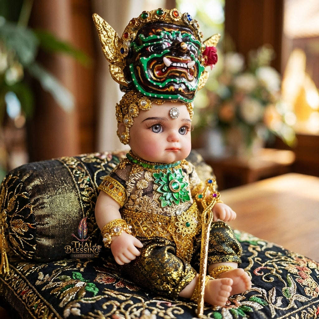 Authentic Thai 8-Inch Baby Kuman Thong Look Thep Spirit Child Doll - Traditional Thai Khon Costume for Extreme Metta Charm, Business Wealth & Authority Thai Blessing Co By RURUECHA
