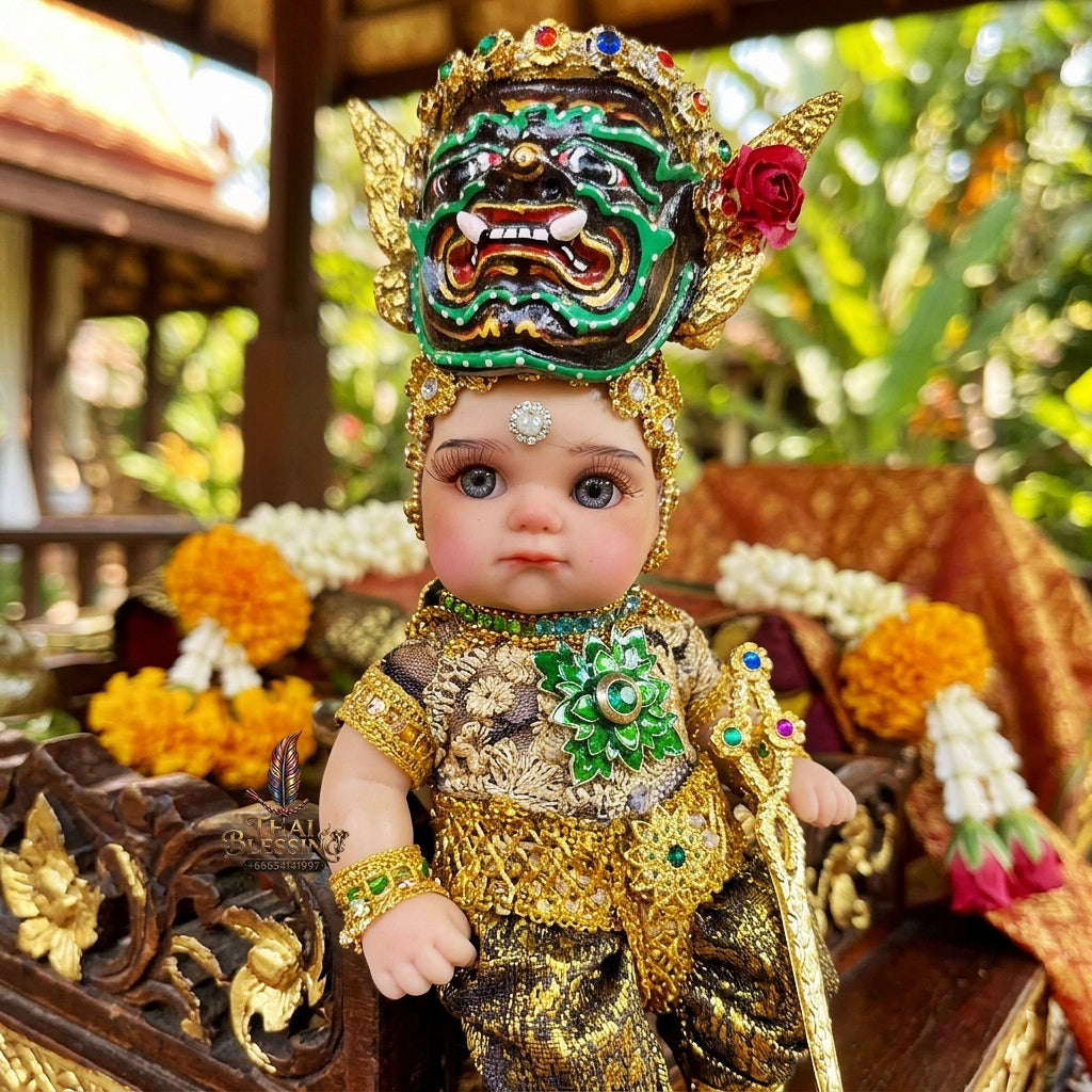 Authentic Thai 8-Inch Baby Kuman Thong Look Thep Spirit Child Doll - Traditional Thai Khon Costume for Extreme Metta Charm, Business Wealth & Authority Thai Blessing Co By RURUECHA