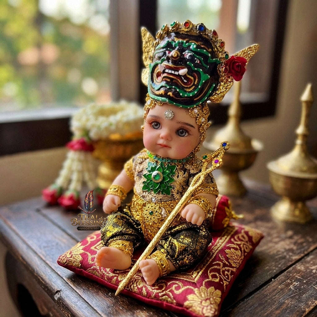 Authentic Thai 8-Inch Baby Kuman Thong Look Thep Spirit Child Doll - Traditional Thai Khon Costume for Extreme Metta Charm, Business Wealth & Authority Thai Blessing Co By RURUECHA